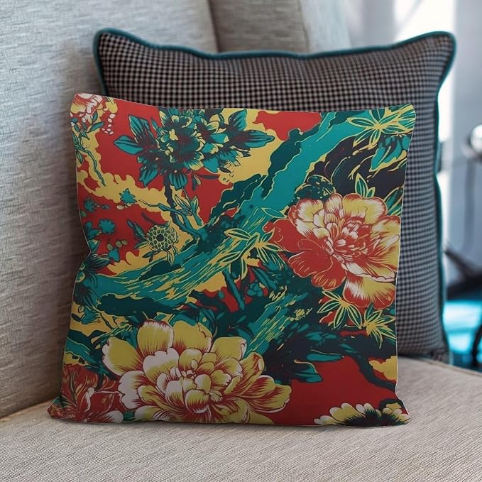 Animal Tiger Stripe Colorful Chinoiserie Throw Pillow Covers Peony Flower Asian Pillowcase 16x16 INRetro Accent Modern Decorative Pillow Covers for Patio Garden Sofa Chairs
