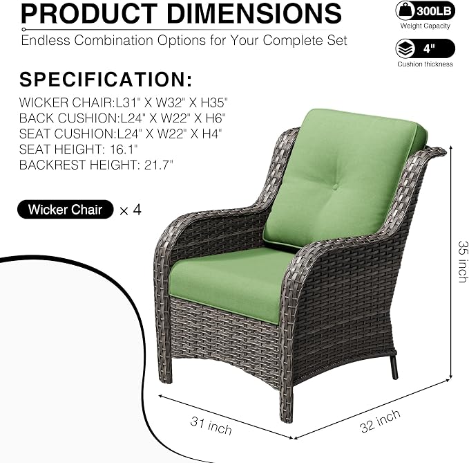 Joyside 4 Piece Wicker Patio Furniture Set, Rattan Patio Chairs with High Back, Deep Seating, Wide Armrest, Thickened Cushions, Outdoor Furniture for Deck, Porch Use