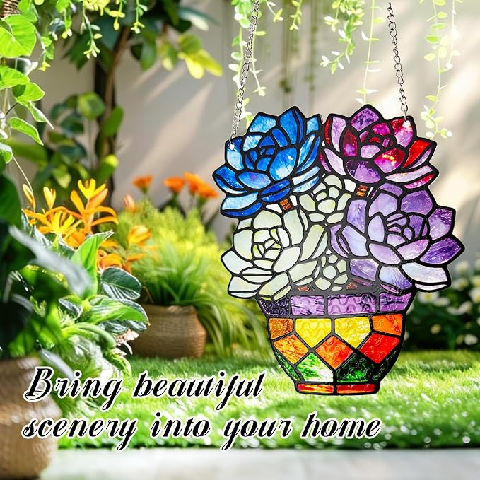 Plant Suncatcher Glass, Stained Glass Suncatcher Plant Window Hanging, Unique Nature Lover Gifts Leaf (Succulent)