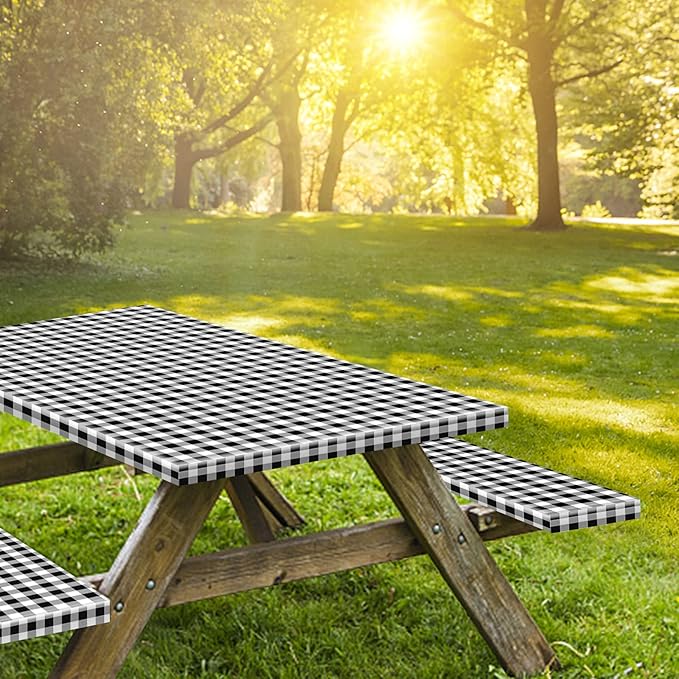 KENOBEE 8.5ft Picnic Table and Bench Cover, Camping Essentials RV Gear, 102 in Waterproof Windproof Outdoor Elastic All Around Tablecloth, Fitted Rectangle Tables and Seats, Black-White Checkered