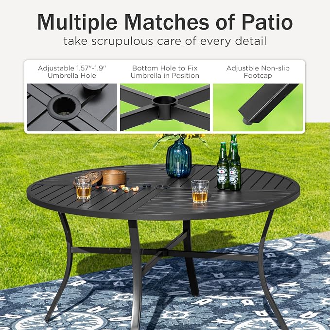 PHI VILLA 5pc Patio Dining Set with Umbrella, Round Table, Rattan Chairs | Outdoor Dining Set for 4, 42" Metal Table & 4 Cushioned Rattan Chairs with Blue Umbrella for Outdoor, Deck, Yard, Porch