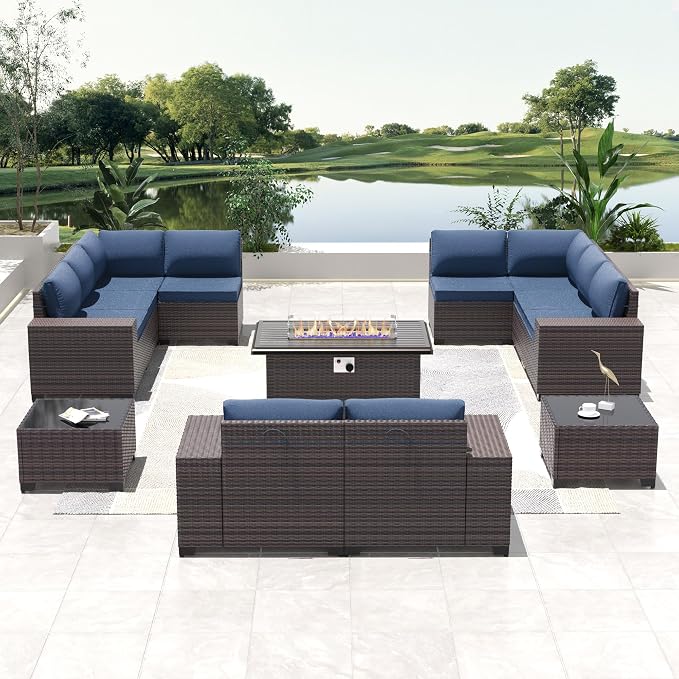 13 PCS Outdoor Patio Furniture Set,Outdoor Sectional Furniture with 43" 55000 BTU Gas Propane Fire Pit Table,All Weather PE Rattan Wicker Patio Conversation Set,Navy Blue