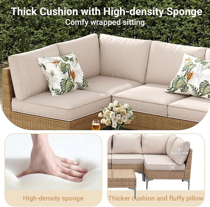 Jing's Villa 9-Piece Outdoor Patio Furniture Set,Rattan Conversation Sectional Sofa w/Coffee Table, All-Weather Patio Conversation Set with Thick and Anti-Slip Cushions for Backyard,Deck,Beige