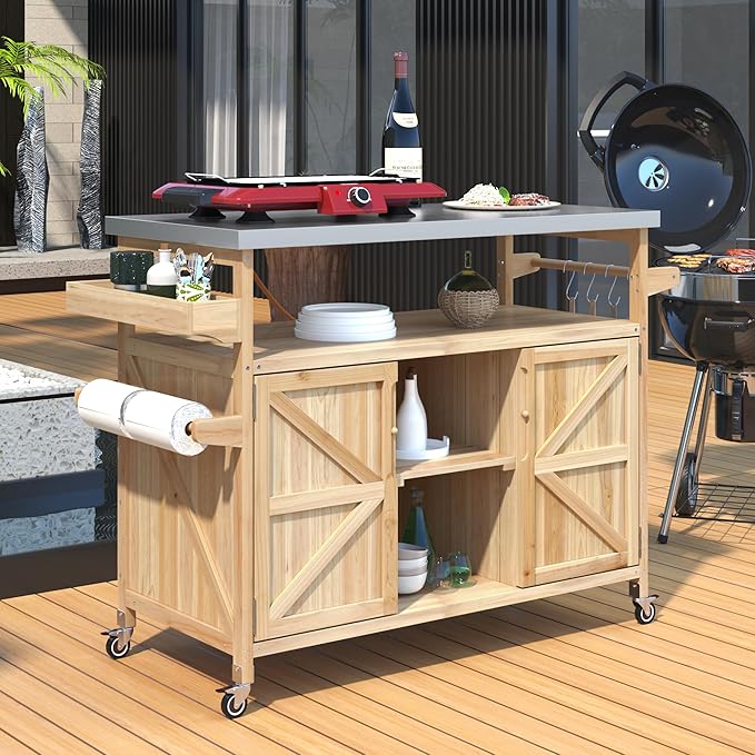 Outdoor Deck Box and Grill Prep Station with 201 Stainless Steel Top, Solid Fir Wood Patio Storage Cabinet for BBQ Tools and Cushions, Rolling Kitchen Island with Spice Rack, 50-Inch, Natural