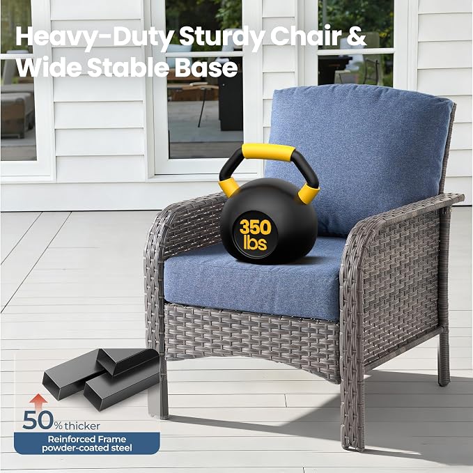 Weaxty Wicker Patio Furniture Set High Back Loveseat Sofa Couch Armchair Coffee Table, All Weather Rattan 4 Pieces Outdoor Conversation Sets for Patio Porch Deck Backyard Poolside, Denim Blue