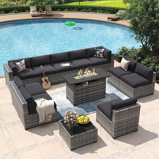 Aoxun 12 Piece Patio Furniture Set with 44” Fire Pit Table Wicker Rattan Outdoor Sectional Sofa Set with Coffee Table and Thickened Cushions, Grey/Black