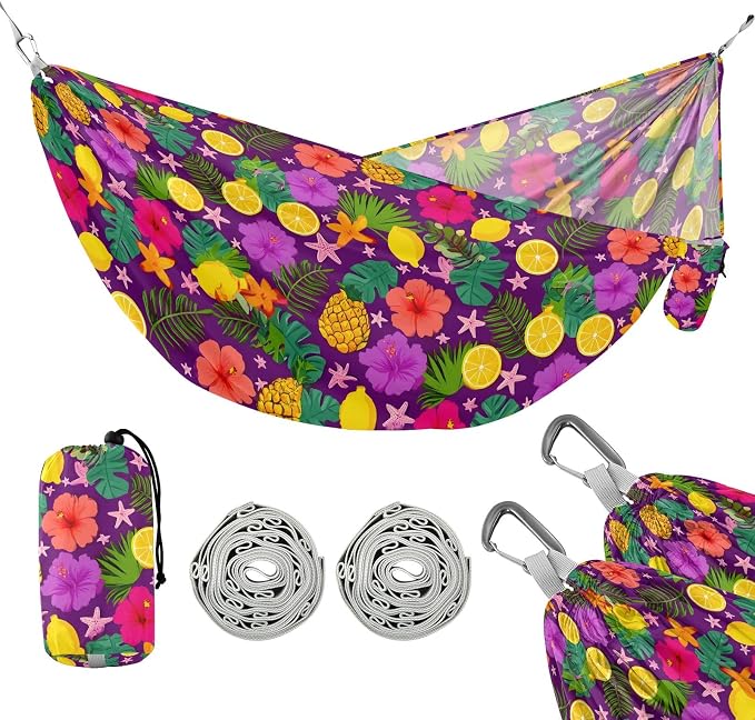 Camping Hammock Outdoor Hammocks for Outside Pineapple Hibiscus Flower Beach Trees Portable Lightweight with Pockets Tree Straps Indoor