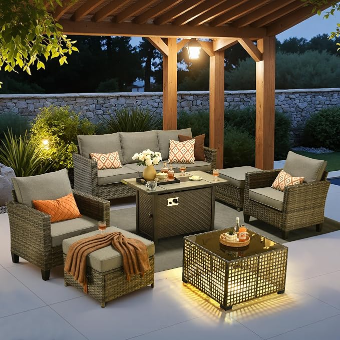 7 Piece Wicker Patio Furniture Set with Firepit Table, Dark Gray | Outdoor Deep Seating Sofa Chair Ottoman, Firepit, Solar Lights Table, Modern Conversation Set, Porch Deck Backyard