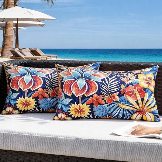 Outdoor Pillow Covers 12x20 Inch Set of 2, Tropical Floral Plants Modern Throw Pillows Cases, Spring Waterproof Square Garden Cushion Sham for Patio Funiture Tent Balcony Bench Sofa, Blue
