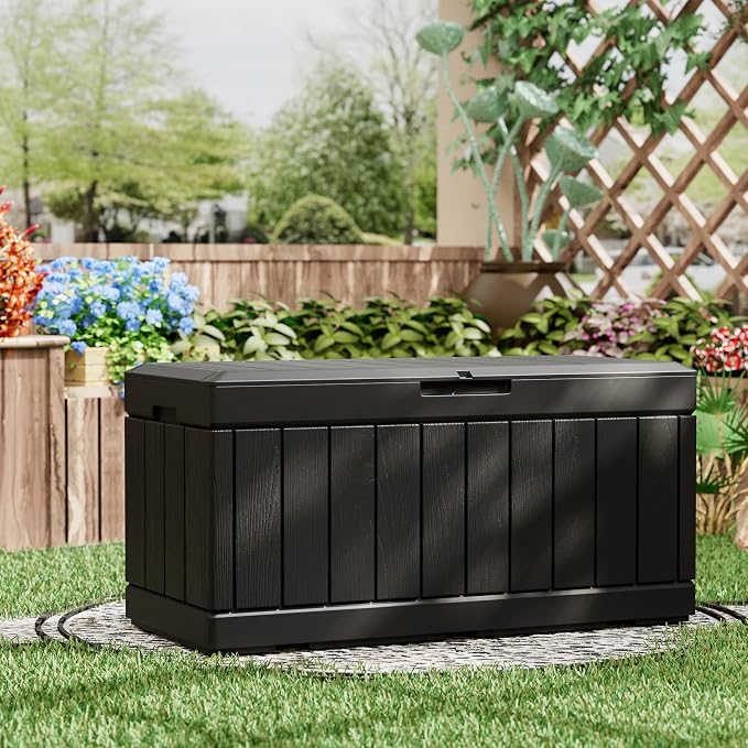 Greesum 82 Gallon and 31 Gallon Resin Deck Boxes Large Outdoor Storage Bundle for Patio Furniture, Garden Tools, and Pool Supplies