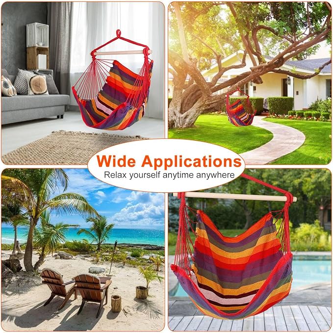Hammock Chair Hanging Rope Swing - 2 Cushions Pillows Included - Portable Large Macrame Hanging Chair with Pocket - Camping Rope Seat