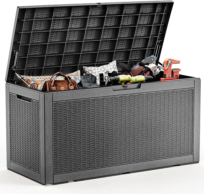 EasyUp 120 Gallon Deck Boxes Waterproof, Outdoor Large Storage Boxes with Lids, Outside Resin Storage Box & Deck Boxes for Patio, Garden Use(Black)