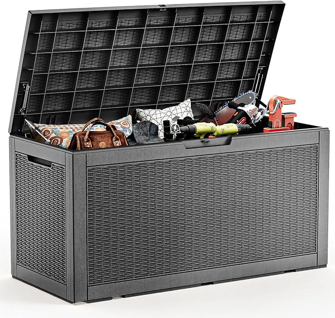 Resin Deck Box Outdoor Storage Box Waterproof for Patio Furniture,Outdoor Cushions,Garden Tools and Pool Supplies (Black, 120 Gallon)