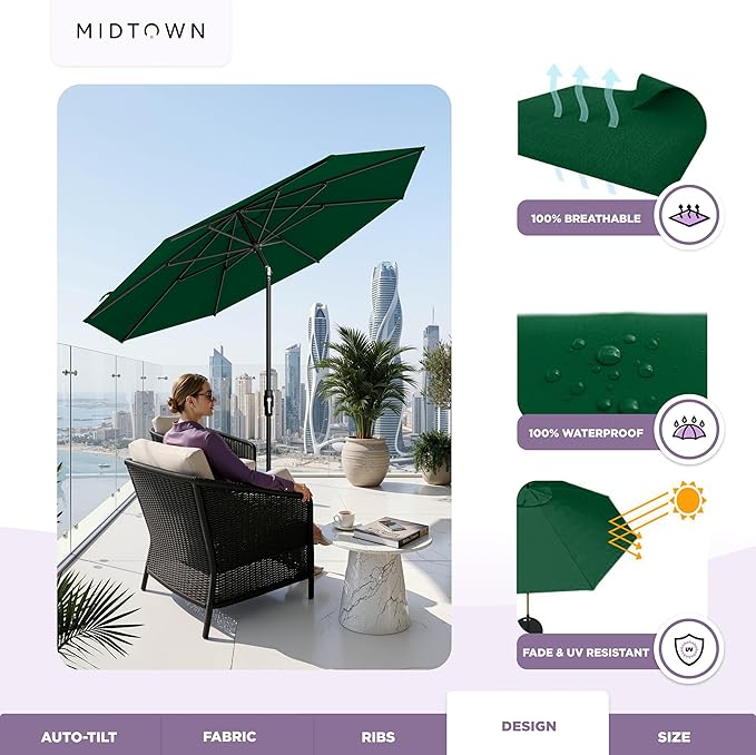 Midtown Umbrellas – The Swilt 10 Ft Patio Umbrella with 360° Swivel & Tilt Mechanism, Sunbrella Fabric & 8 Fiberglass Ribs – Outdoor Umbrella for Deck, Pool & Cafes – Forest Green Canopy, Black Pole
