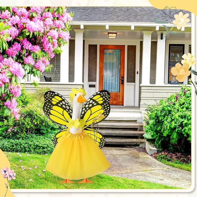 5pcs Butterfly Porch Goose Outfit Costume Tutu Skirt Butterfly Wing Wand Flower Crown for 17‘' 23‘' Cement Goose