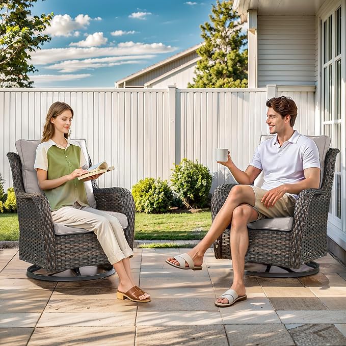 Outdoor Swivel Rocker Patio Chairs Set of 4 with Side Table - 5" Thick Cushion 6 Piece Furniture Set All Weather Comfortable Wicker Conversation Set for Porch Poolside and Deck - Brown/Beige