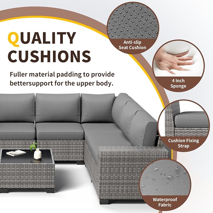 Outdoor Patio Furniture Set, 8‘’ Wide armrest Outdoor Sectional Rattan Sofa Set, Wicker Patio Furniture Sets w/Coffee Table,Thick Cushions and Cover for Porch, Balcony,Deck,8 PCS(Grey&Grey)