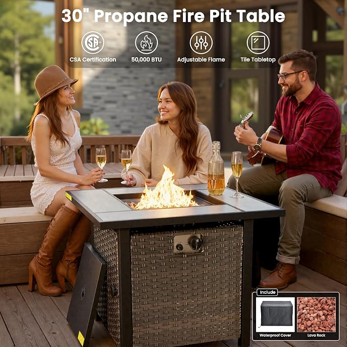 ovios 7 Pieces Patio Furniture Set with 30 inch Fire Pit Table, Outdoor Wicker Sofa Couch Swivel Rocking Glider Chairs, Modern Luxury Conversation Set, Brown Wicker, Orange Red