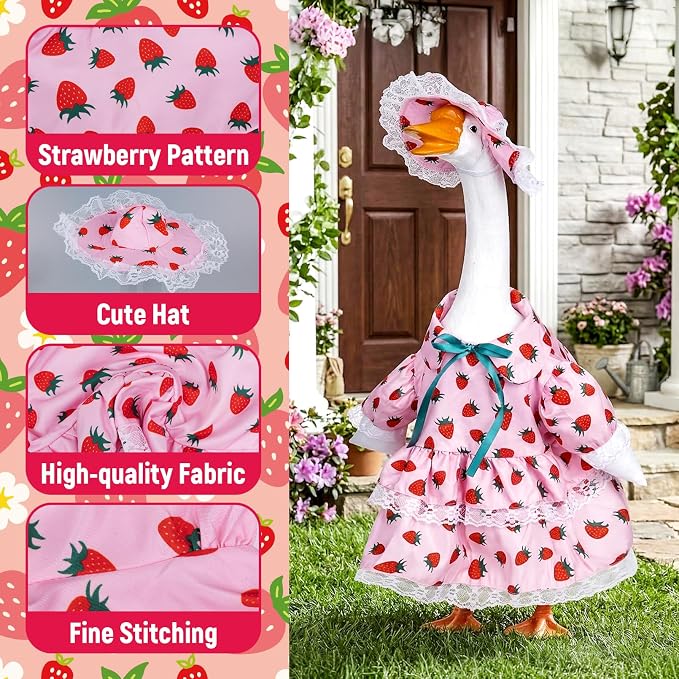 Spring Porch Goose Outfit Strawberry Porch Goose Clothes for 23 Inch Lawn Cement or Plastic Geese Statue Geese Skirt Costume with Hat Dress for Summer Outdoor Patio Yard Garden Holiday Decor