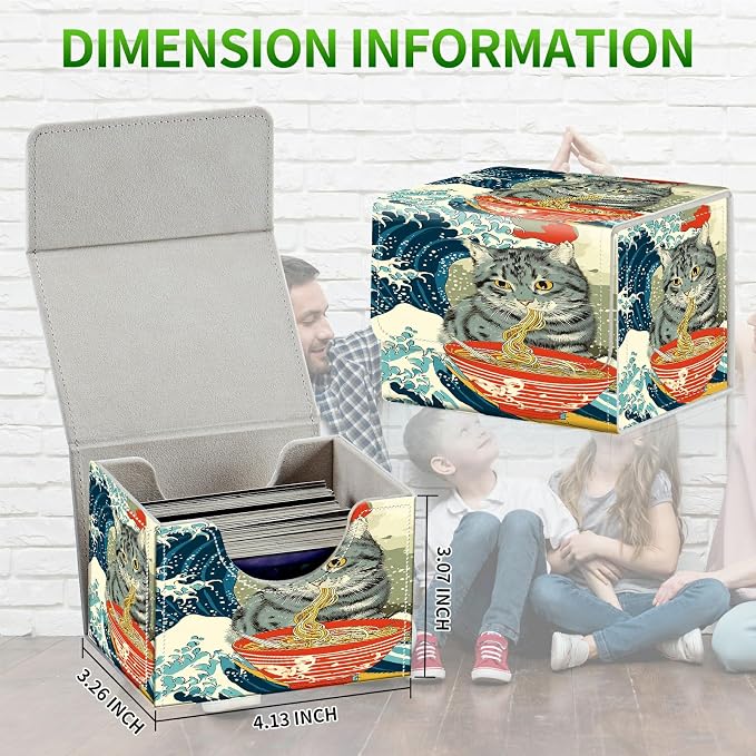 Card Deck Box for MTG, Cards Storage Box Fits 120+ Sleeved, Leather Small Size Strong Magnetic Closing Card Case for Board Games Magic TCG CCG Baseball Collection, Wave Noodles Cat