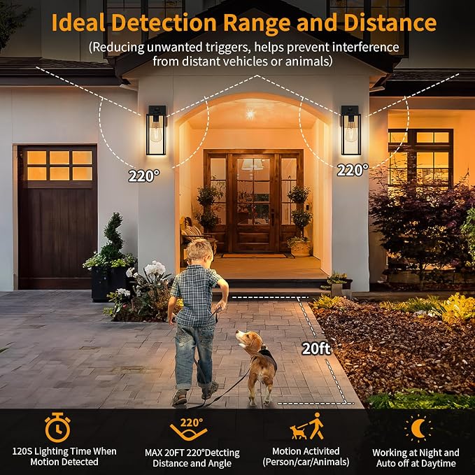 15'' Black Motion Sensor Outdoor Front Porch Lights for Outside, Large Exterior Lighting Fixtures Wall Mount for House, Wall Sconce Lamp, Waterproof Lantern Coach Lights for Garage, Entryway,Yard