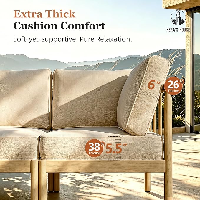 HERA'S HOUSE Patio Furniture,Acacia Wood Outdoor Sectional Sofa with 5.5" Ultra-Thick Cushions,Patio Conversation Set,Lawn Garden Backyard Couch Set with Nesting Tables,Beige
