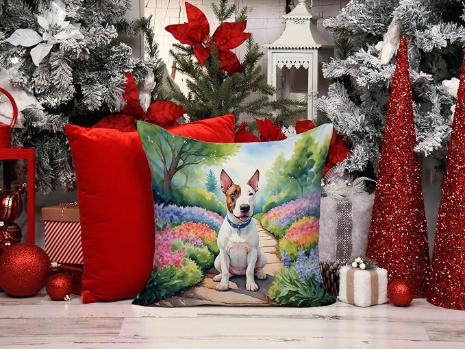 Caroline's Treasures English Bull Terrier Spring Path Throw Pillow Machine Washable, Indoor Outdoor Decorative Pillow for Couch, Bed or Patio, 14Hx14W