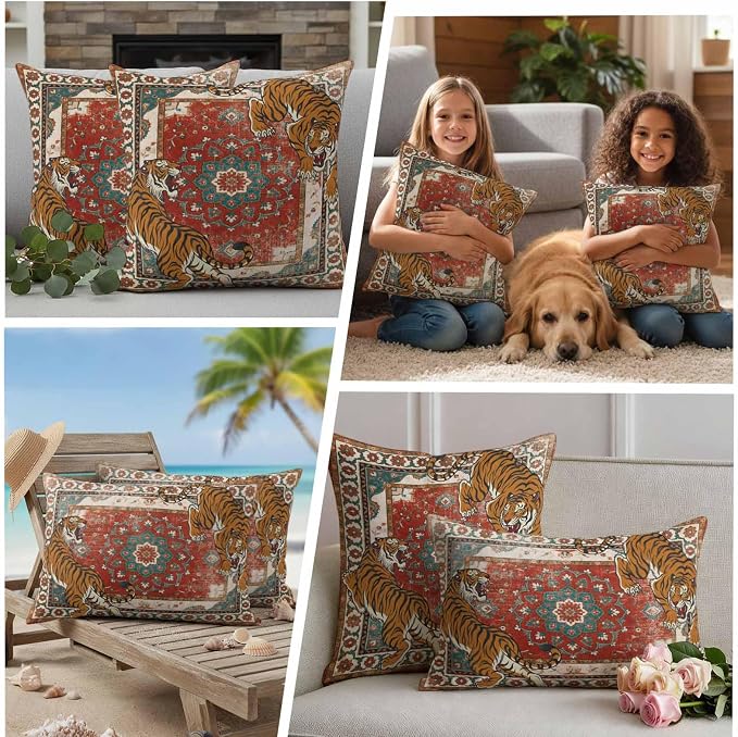 Tiger Print Outdoor Pillow Covers 20"x12" Set of 2, Boho Vintage Animal Orange Red Floral Geometric Waterproof Throw Pillow Covers for Patio Furniture, Decorative Cushion Covers for Porch