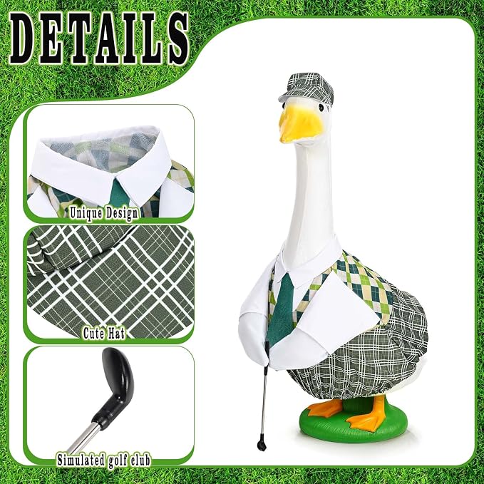 Golfer Goose Outfit for 23 Inch Porch Goose Statue Golf Clothes with Hat Tie Shirt and Club for Garden Yard Patio Decor