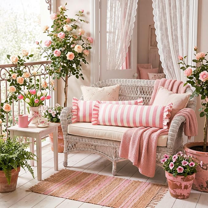 2 Pack Pink Striped Bolster Pillows with Ruffle, 6" x 22" Linen Waterproof Cylindrical Pillow Indoor Outdoor for Bed Sofa Couch, Modern Farmhouse Bedroom Living Room Home Decor