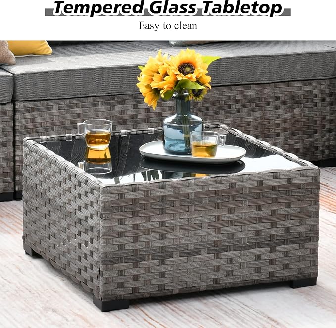 HOOOWOOO Outdoor Patio Sectional Furniture Sofa Set with Propane Gas Fire Pit Table,7 Piece Small Modern Wicker Couch with Widened Armrest,Modular Conversation Seating Set for Out Door(Grey Strips)