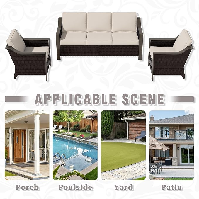 3 Piece Wicker Patio Conversation Set, All-Weather Use Outdoor Wicker Sofa with 2 PE Rattan Chair, Removable Water-Resistant Cushion, Ideal for Porch, Backyard, Balcony, Poolside, Beige