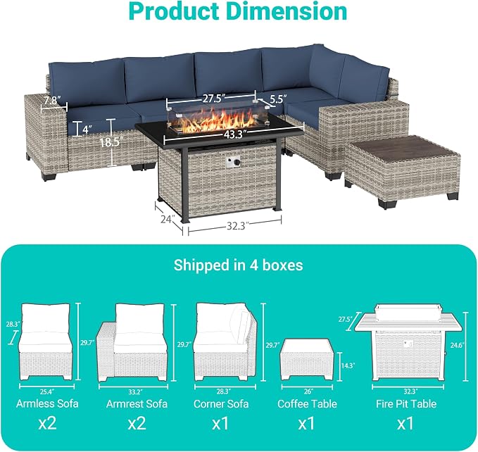 7PCS Outdoor Patio Furniture Set with 55,000 BTU Fire Pit Table, PE Wicker Rattan Sectional Sofa Patio Conversation Set with Thickened Cushions & Coffee Table for Garden, Navy Blue