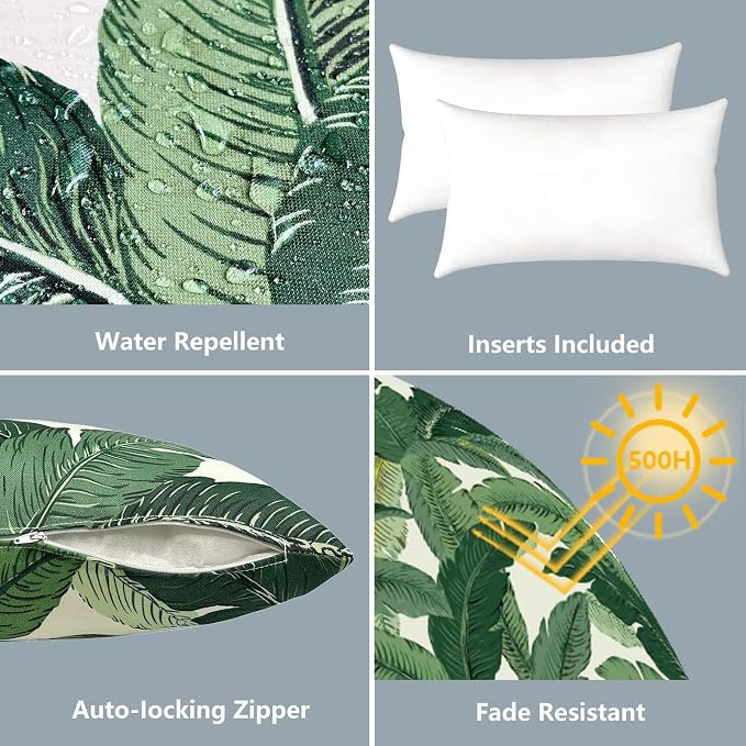 LVTXIII Set of 2 Patio Lumbar Pillows, 12”x20” Fade Resistant Outdoor Lumbar Pillow with Inners, Fluffy Decorative Garden Lumbar Cushions for Home Patio Coach Sofa Use, Swaying Palms Green