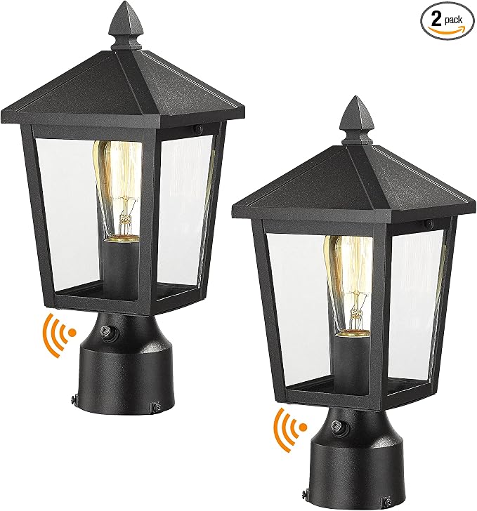 zeyu 2 Pack Dusk to Dawn Outdoor Post Lights, Industrial Pole Light for House Courtyard, Die-Cast Aluminum with Clear Glass, Black Finish, 20076PS-PC-2PK BK