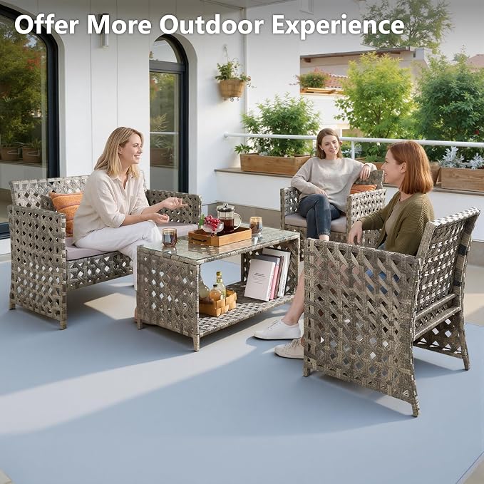 HOOOWOOO 4 Pieces Patio Furniture Set,PE Wicker Outdoor Conversation Sets,Weather Resistant Loveseat with High Back Chairs Table for Porch Balcony Yard Deck,Light Gray