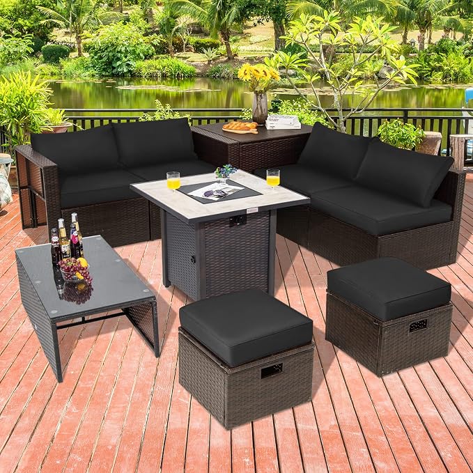COSTWAY 9 Piece Patio Furniture Set with 30'' Fire Pit Table, Outdoor Wicker Rattan Sectional Sofa Set with 4'' Thickened Cushions, 2 Coffee Tables and 2 Ottomans for Poolside Backyard (Black)