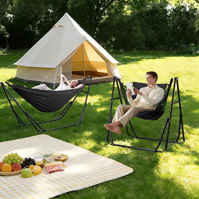 Hammock with Portable Steel Stand and Carrying Bag for Outside,Easy Set Up for Outdoor,Indoor,Backyard,Patio,Camping,Garden,Trip (Black)