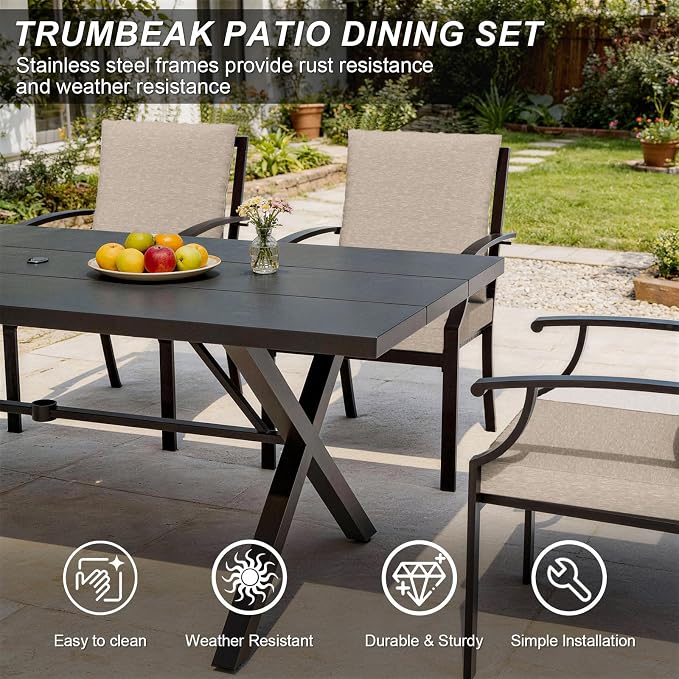 10 Pieces Patio Dining Set with Brown Umbrella,Outdoor Furniture Set Includes Hole Cut-Out Table and 6 Metal Backrest Chairs and 2 Swivel Chairs for Backyard,Garden,Poolside,Brown