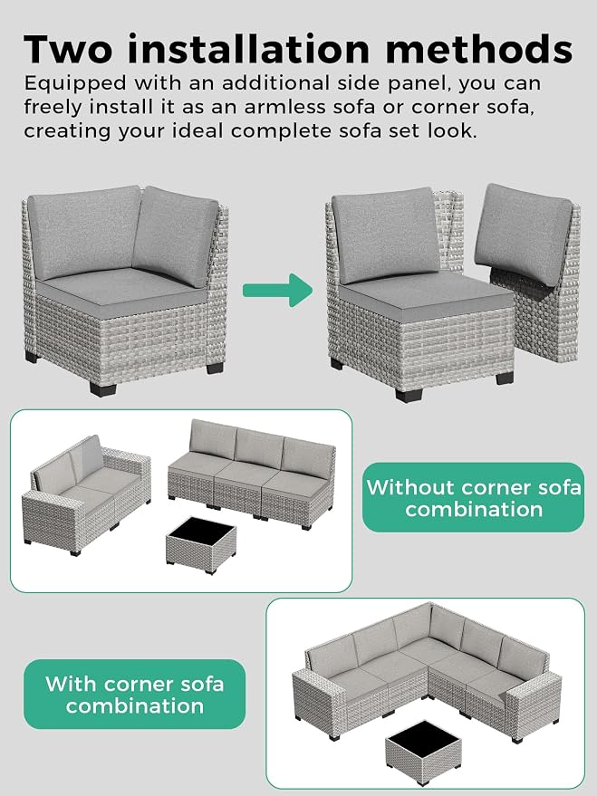 6 Piece Outdoor Wicker Sectional Sofa Set, 5-Seats Patio Furniture Conversation Set with 4" Thickened Cushions & Coffee Table, All-Weather PE Rattan for Garden, Backyard, Porch, Gray