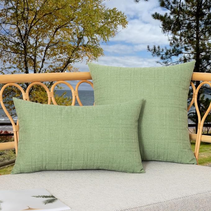Kevin Textile Outdoor Waterproof 16”x16” Pillow Covers 2 Pack, Sage Green | Water Resistant, Soft Faux Linen-cotton Yarn-dyed Woven Texture Throw Pillow Covers for Tent Patio Garden Couch Sofa
