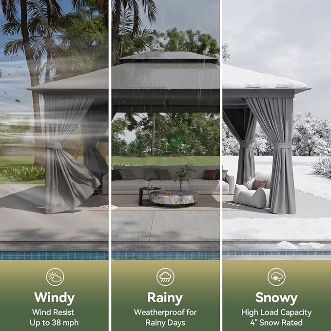 12'x10' Gazebo, Outdoor Gazebo Metal Frame Canopy with Double Roofs, Heavy Duty Patio Tent Shelter with Mosquito Netting and Privacy Screen for Backyard, Grey