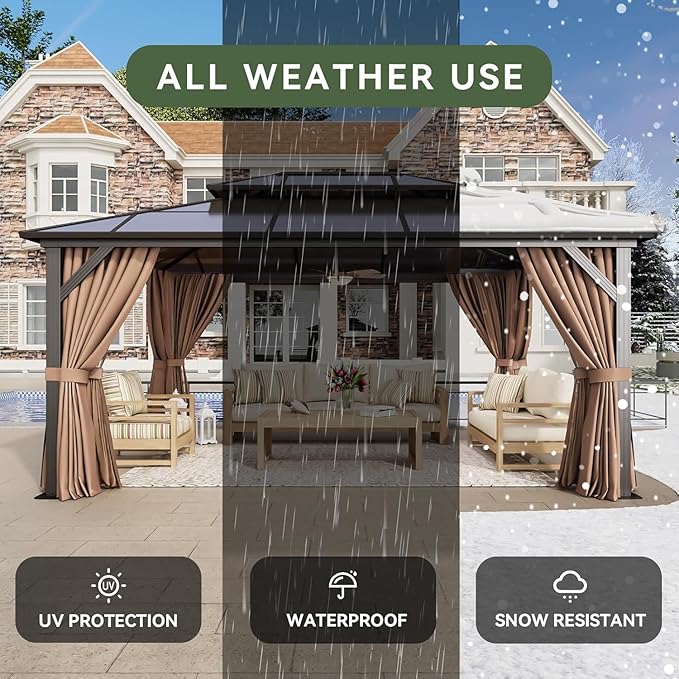 Aoxun 10'x12' Hardtop Gazebo, Aluminum Frame Permanent Pavilion with Netting and Curtains, Outdoor Polycarbonate Double Roof Canopy, Designed for Lawn, Garden, Patio (Brown)