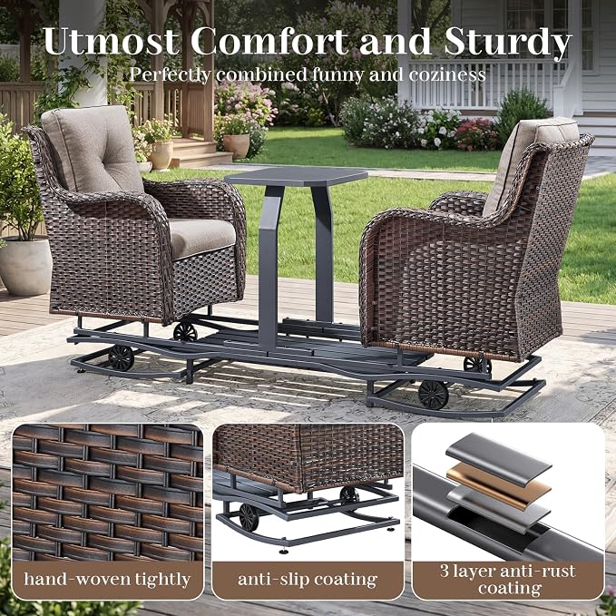 Rilyson Luxury Outdoor Wicker Glider Rocker Chairs for 2 Seats, Patio Wicker Rattan Glider Rocker Chairs with Table, Rocker Chairs Outdoor Furniture Sets for Patio Porch Pool Brown/Beige