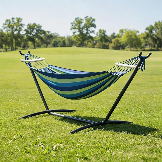 Double Hammock with Steel Stand, Outdoor Portable Hammocks Accommodates with 450Lb Capacity 2 People& Portable Carry Bag for Outside Camping Garden Yard,Rainbow