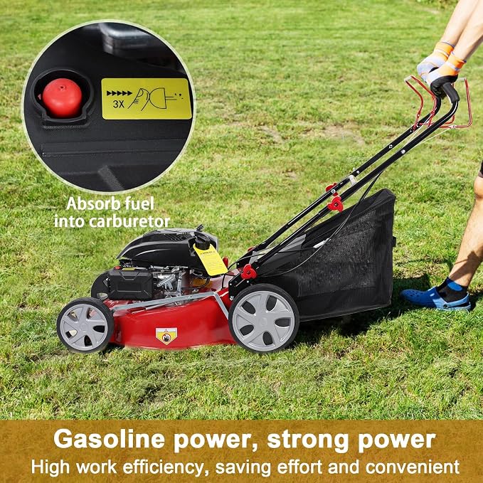 [Easy to Start] Self-Propelled Gas Lawn Mower, 20-Inch, 141cc 4-Stroke Engine, 3-in-1 Mulch/Bag/Side Discharge, 50L Grass Bag, Big Rear Wheels, 7-Position Height Adjustment Red