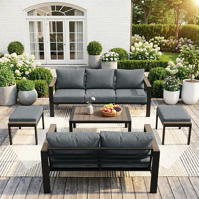 Patio Furniture Set 7 Seats and Coffee Table, 5 Pieces Patio Conversation Set with Thick Cushion, Ottomans, Deluxe Aluminum Modern Outside Sectional for Porch, Balcony, Deck, Yard, Light Gray