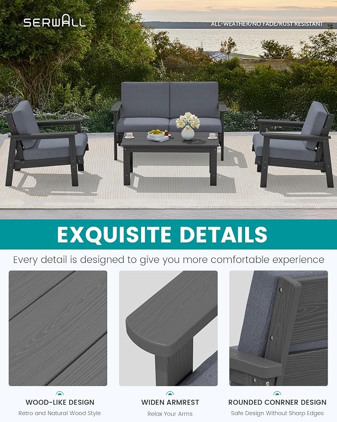 SERWALL HDPE Outdoor Patio Loveseat, All Weather Wood-Like Outdoor Sofa HDPE Outdoor Furniture, Grey Frame and Grey Cushion