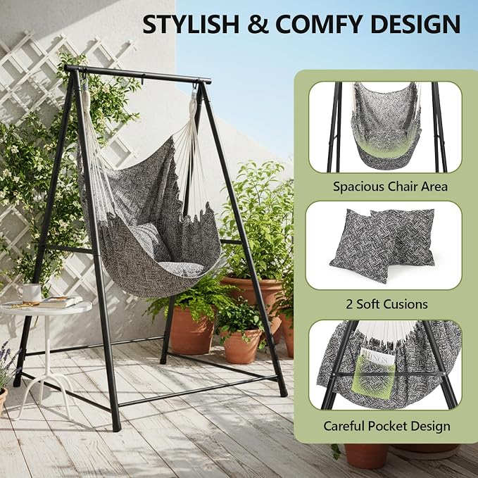 Hammock Chair Stand with Swing Chair, Heavy-Duty Hanging Chair with Stand, Hammock Swing Chair Stand for Indoor Outdoor Patio Yard Garden Porch