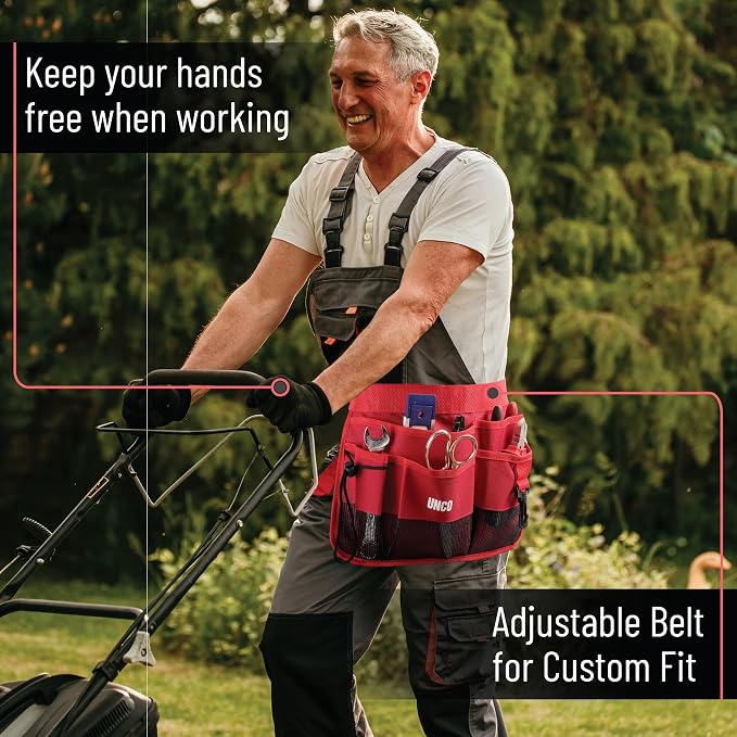 UNCO- Adjustable Gardening Belt, Red, 7 Pockets, Wear, Cut and Water Resistant, Garden Tool Belt Pouch, Waist Apron with Pockets